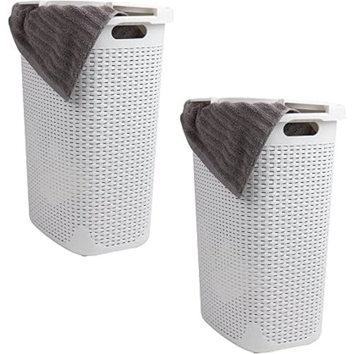 Mind Reader 60L Slim Laundry Hamper, Clothes Basket, Lid, Wicker Style, Plastic, 17.65"L x 13.75"W x 24.15"H, Set of 2, White