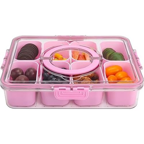 Shopwithgreen Portable Snack Food Box Container, 8 Compartment Divided Serving Tray with Lid and 8 Removable Compartments, 1 Pack (Pink)