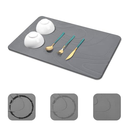 Snuggery Large Stone Drying Mat for Kitchen Counter - 24"x16" Dirt-Resistant Quick Drying Fast Absorbent Non-Slip Diatomite Mat, Natural Diatomaceous Earth Dish Drying Pad for Dish Rack (Dark Grey)
