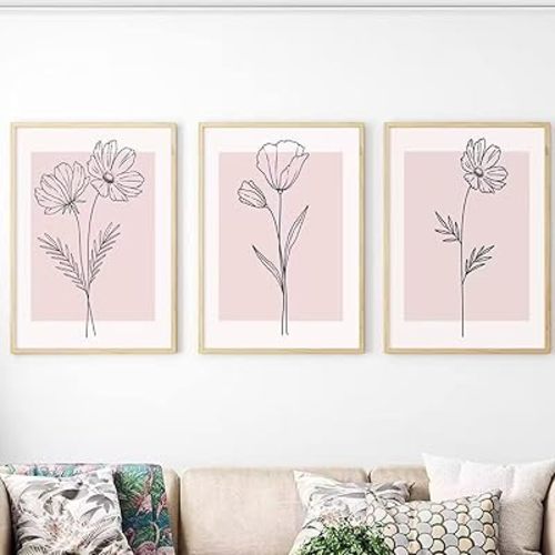 Botanical Wall Art Decor Set of 3 Pink Flower Wall Art Line Art Wall Decor Floral Wall Art Plant Pictures Minimalist Wall Art Botanical Canvas Prints Artwork for Living Room Home 12x16 Inch UNFRAMED