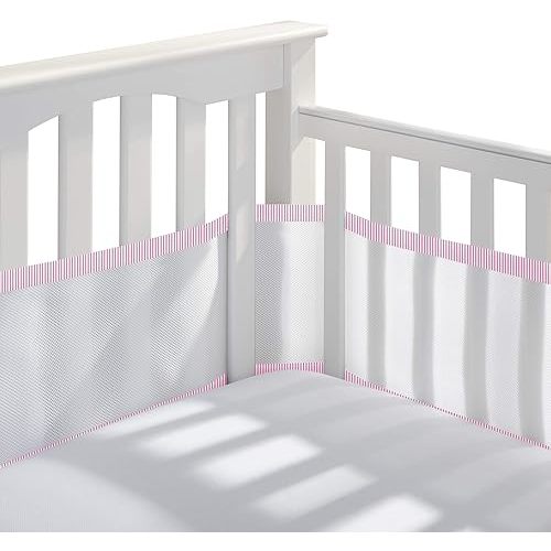 BreathableBaby Breathable Mesh Liner for Full-Size Cribs, Classic 3mm Mesh, Rose Seersucker (Size 4FS Covers 3 or 4 Sides)