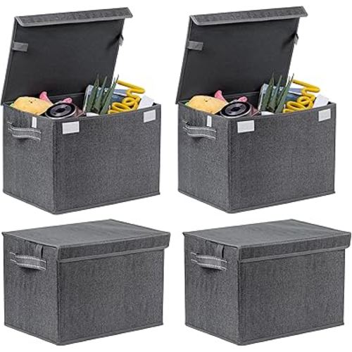 VENO 4 Pack Large Collapsible Storage Bin with Lid, Decorative Box, Cube, Organizer, Container for Home Office Shelf Closet Clothes Sundries, Reusable and Sustainable (Black - Set of 4)