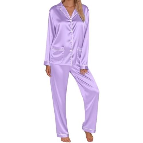 Brown Satin Pajamas for Women Set Classic Long Sleeve Button Down Pj Set With Pants Soft Loungewear Sleepwear