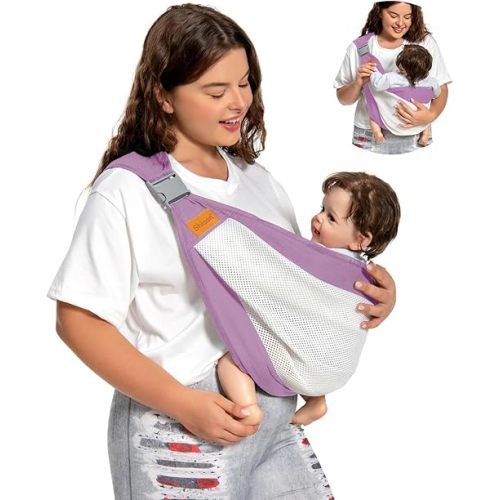 Baby Sling Carrier, Baby Carrier Newborn to Toddler(7-45lbs), Toddler Carrier with Safety Buckle, One Shoulder Adjustable Shoulder Strap, One Size Fits All, Mesh Purple