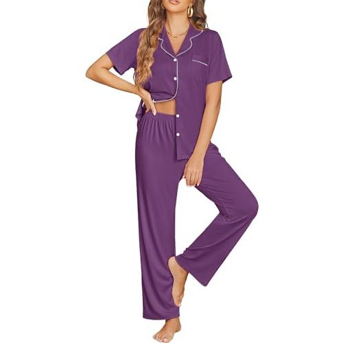 Ekouaer Womens Pajama Sets Button Down Pjs Lounge Sets 2 Piece Short Sleeve Sleepwear Soft Comfy Loungewear
