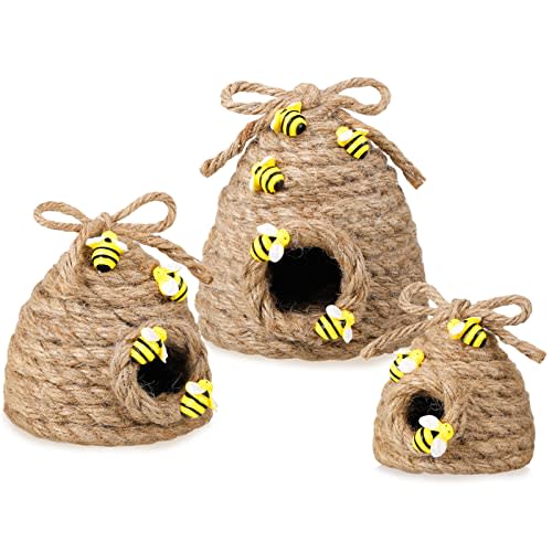 Jutom 3 Pcs Bee Hive Decor Honey Bee Tiered Tray Decor Summer Spring Honeybee Decorations Mini Jute Farmhouse Beehive for Kitchen Table Shelf Home Coffee Bar Themed Party(Vintage Color)