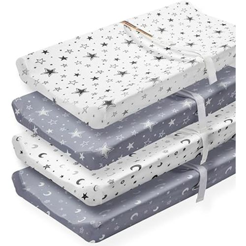 4 Pack Star and Moon Neutral Unisex Fitted Baby Sheets Set for Baby Boys or Girls (Changing pad Cover)
