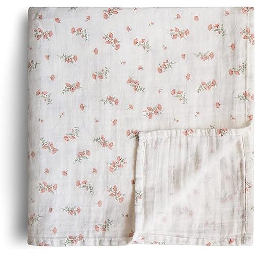 mushie Muslin Baby Swaddle Blanket | 100% Organic Cotton (Pink Flowers)