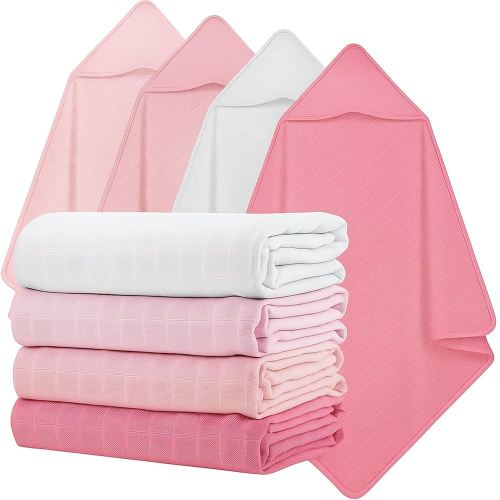 Preboun 4 Pcs Muslin Hooded Baby Towels,32"x 32" Cotton Newborn Bath Towel Muslin Infant Baby Blankets Absorbent Unisex Newborn Registry Gift for Girls Boys(Pink Series)