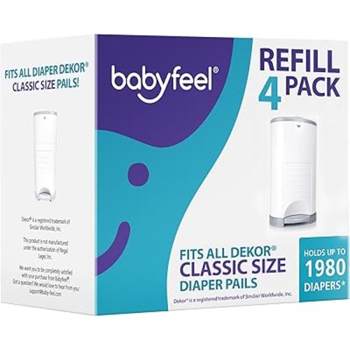 Babyfeel Refills Compatible with DEKOR CLASSIC Diaper Pails | 4 Pack | Exclusive 30% Extra Thickness | Diaper Pail Refills with Powerful Odor Elimination | Powder Scent | Holds up to 1980 Diapers