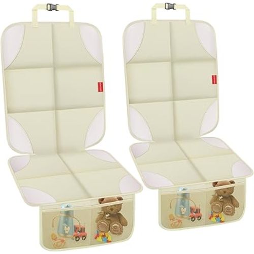 Car Seat Protector for Child Car Seat, 600D Fabric Carseat Seat Protectors, 2 Pack Seat Protector Under Baby Pet Car Seat with Upgraded Non-Slip Backing, Thickest Padding, Mesh Storage Pockets