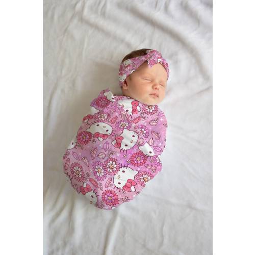 Personalized Pink anime cat Swaddle bow set newborn Swaddle hat set, Newborn girl hospital reveal outfit, baby shower gift, stretchy swaddle