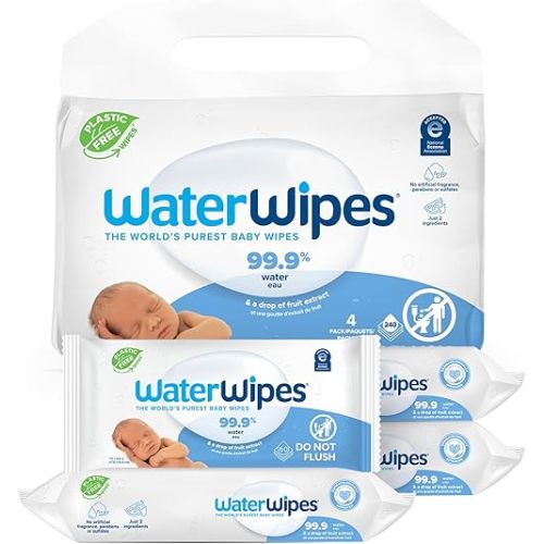 WaterWipes Biodegradable Original Baby Wipes, 99.9% Water Based Wipes, Unscented & Hypoallergenic for Sensitive Skin, 240 Count (4 packs), Packaging May Vary
