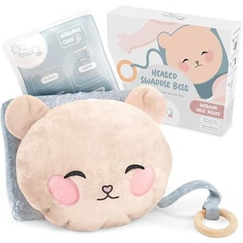 Baby Heated Tummy Wrap Colic & Gas Relief : Natural Clay Pack for Gassy Belly, Reflux - Wooden Teether Included, Soft Plush Swaddle Band - Premium Belt Pad for Babies, Infant & Newborn