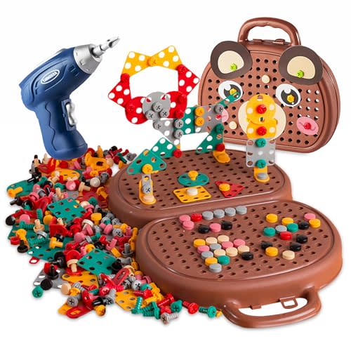 Magic Montessori Play Toolbox with Drill, 203Pcs Magic Montessori Play Toolbox Bear-Themed, 2D/3D Creativity Tool Box Montessori Toys Gift for Age 3-12 Years Old Boys Kids, Girls