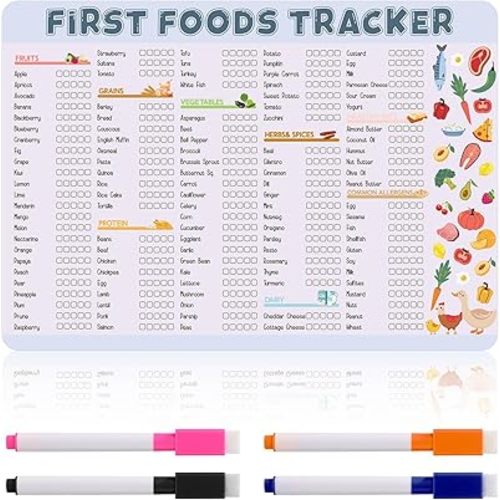 Gosknor Baby First Food Tracker Fridge Magnet, 12x8.46in Baby Food Checklist Magnetic Meal Planner Chart Dry Erase Daily Feeding Log Menu Essentials Baby Led Weaning Supply for New Parents Babysitter