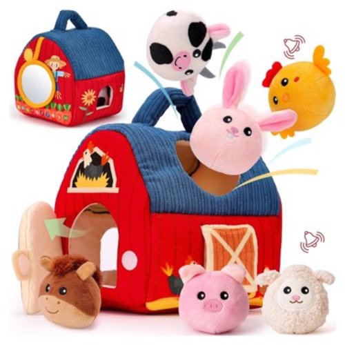 MUNDIDO Baby Toys 6-12 Months - Surprise Barn with Stuffed Farm Animals, Rattle, Crinkle Paper, Mirror - Montessori Toys for Babies, Sensory Balls for Toddlers 1 2 3 4 Baby Stuffers Gifts