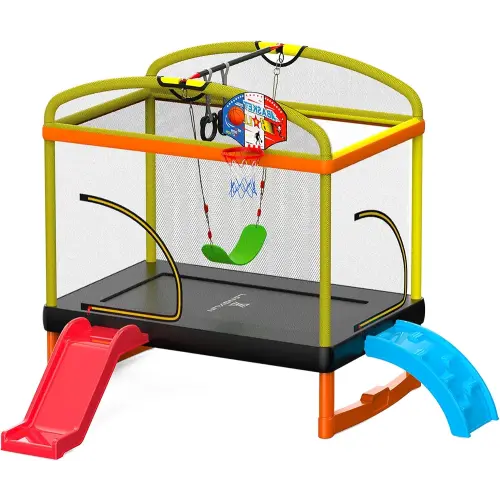 6.5ft Climb Slide Swing 7-in-1 Mini Rectangular Trampoline for Kids | Birthday Gift for Girls and Boys, Indoor Outdoor Toddler's Trampoline with Safety Net Enclosure, Padding, Zipper