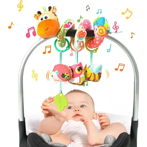 Jollybaby Crib Stroller Car Seat Toys for Baby 0-3-6-9-12 Months, Tummy Time Hanging Sensory Toys for Newborn with Music Box and Teether, Spiral Carseat Toy for Infant Boys Girls Gifts (Yellow)