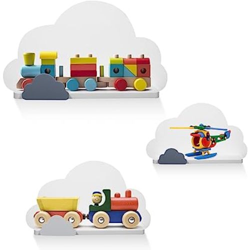 Set of 3 Cloud Shelves for Kids’ Room – Wooden Floating Wall Shelf Cloud Decorations, Floating Book Shelves for Baby Room Décor or Nursery, Stylish & Easy to Install