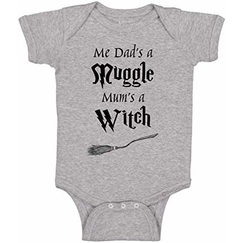 BeeGeeTees Me Dad's A Mug Mum's A Witch Funny Baby Wizard Bodysuit (Gray, 6 Months)