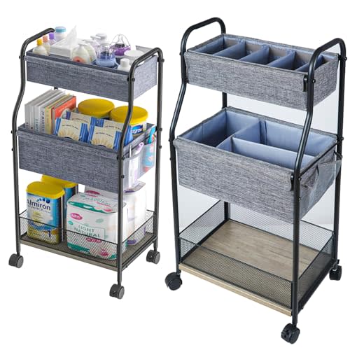 3-Tier Baby Diaper Caddy Organizer and Storage Cart with 4+2 Dividers, Mobile Metal Utility Cart with Rolling Wheels for Nursery Essentials, Large Capacity Rolling Carts for Crib, Bedroom, Bathroom
