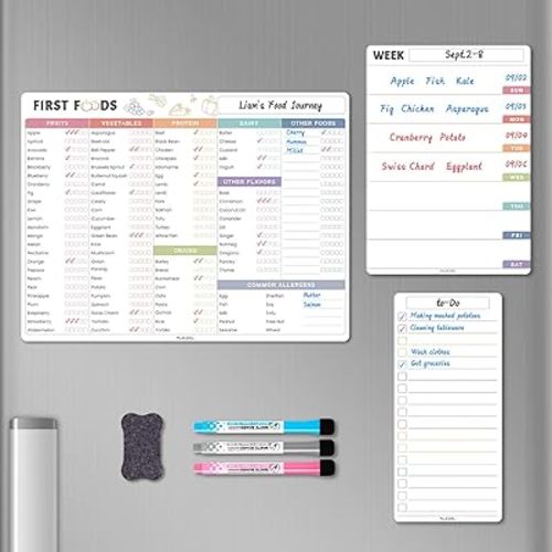 Baby First Food Tracker Fridge Magnet, Dry Erase Baby Food Chart/Checklist Set - Baby Daily Food Log & Meal Planner for Refrigerator, 3 Markers + Eraser
