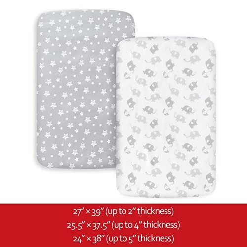Pack and Play Sheets, 2 Pack Mini Crib Sheets, Stretchy Playard Fitted Sheet, Compatible with Graco Pack n Play, Soft and Breathable Material, Stars & Elephant