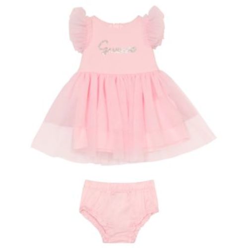 Baby Girl Short Sleeve Dress with Mesh Frill Sleeves and Diaper Cover, 2-Piece Set