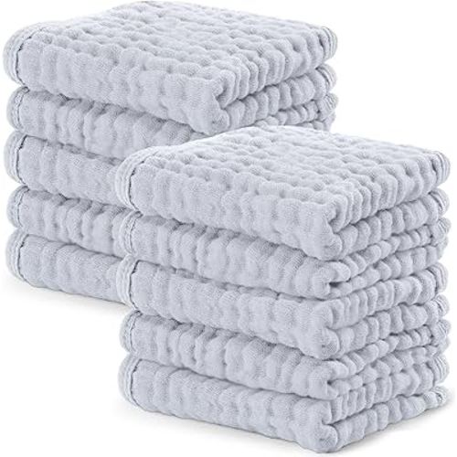 Comfy Cubs Muslin Baby Washcloths 10 Pack - Soft 6-Layer Cotton Wash Cloths for Sensitive Skin - 10"x10" Large, Gentle, Absorbent Infant Essentials for Newborn and Toddlers - Slate