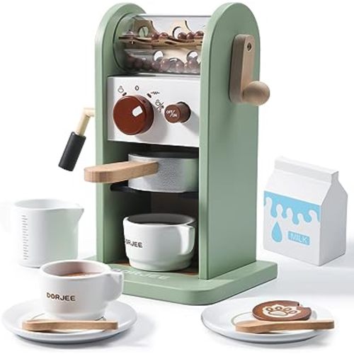 Dorjee Kids Coffee Maker Playset with Grinder, Play to learn Coffee Making Routine, Stimulates Imaginative Pretend Play and Life Skills, Gifts for Toddler Girls and Boys, 14pcs in Wood