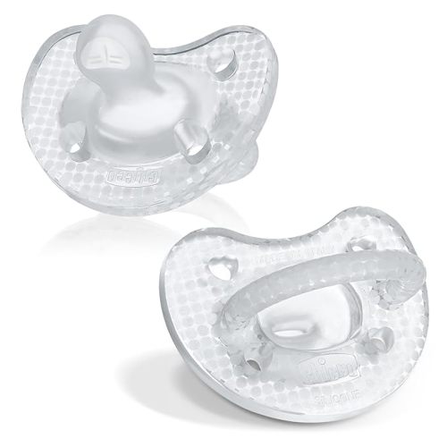 Chicco PhysioForma Luxe Silicone One Piece Pacifier for Babies Aged 0-6m | Fashion Textured Shield | BPA & Latex Free | Reusable Sterilizing Case | Crystal, 2pk