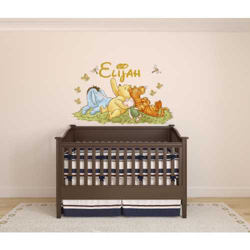 Personalized classic Winnie the Pooh boy and girl nursery wall sticker, custom name vinyl decal for kids room and playroom mural, baby gift