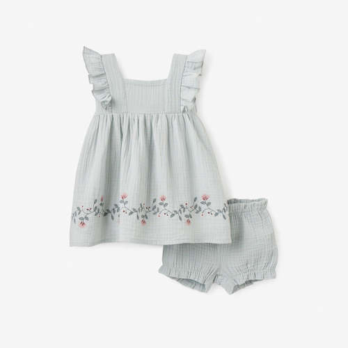 Aqua Embroidered Organic Muslin Dress w/Blmr AQUA / 6-9M