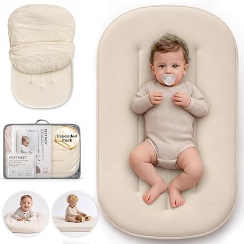 Baby Lounger - Ergonomic Curved Infant Support Cushion for Newborns, Breathable Portable Baby Nest Lounger & Tummy Time Mat for Home and Travel, White (Cotton Cover Included), Expanded Pack