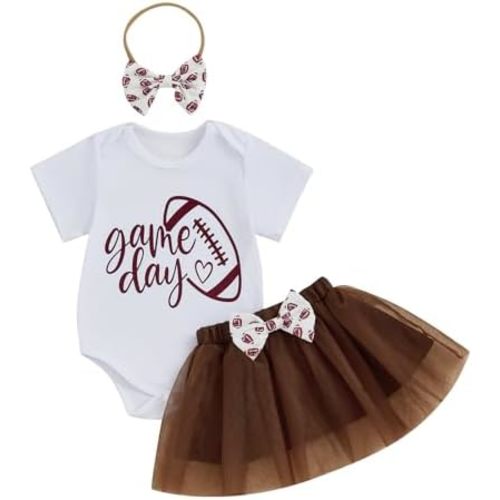 Newborn Baby Girl Football Outfit Game Day Rugby Print Romper with Tulle Skirt Set Headband 3Pcs Cute Summer Clothes