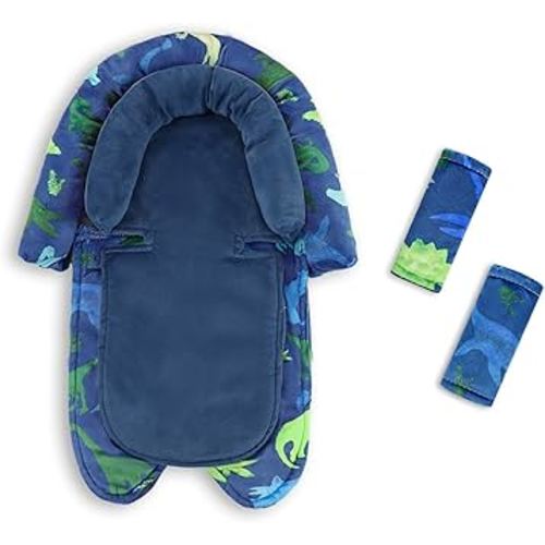 Baby Car Seat Head Support with Extra Headrest, 2-in-1 Babybody Supports with Shoulder Pads Set for Newborn, Adjustable Infant Car Seat Insert Compatible with Stroller, Baby Swing (Blue Dinosaur)