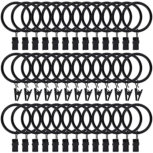 44pcs Curtain Rings with Clips Hooks 1.5 inch Rustproof Matte Metal Stainless Steel Drapery Rings for Tension Rod Bracket Eyelets Decorative Hangers, Vintage Black (1.5" Interior Diameter)