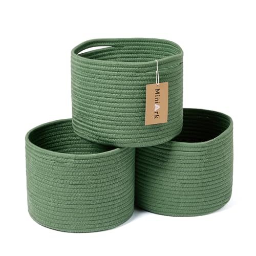 MiniArk Small Basket for Organizing | Cube Shelf Closet Storage Baskets | 9.7×9.7×7.1” | Woven Rope Gift Basket | Nursery | Round 3 Packs Green