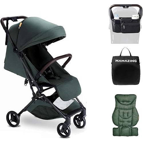 MAMAZING Ultra Air Lightweight Baby Travel Stroller with Carbon Fiber Frame, Compact & Airplane-Friendly, One-Handed Fold, 11.6 lbs, Perfect for Toddlers, Organizer & Cushion Included, Green