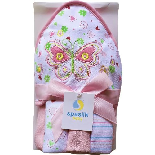 Spasilk Hooded Bath Towel and Washcloths Set for Newborns, 1 Soft Terry Baby Towel and 3 Baby Washcloths, Baby Essentials, Ideal, One Size, Pink Butterfly