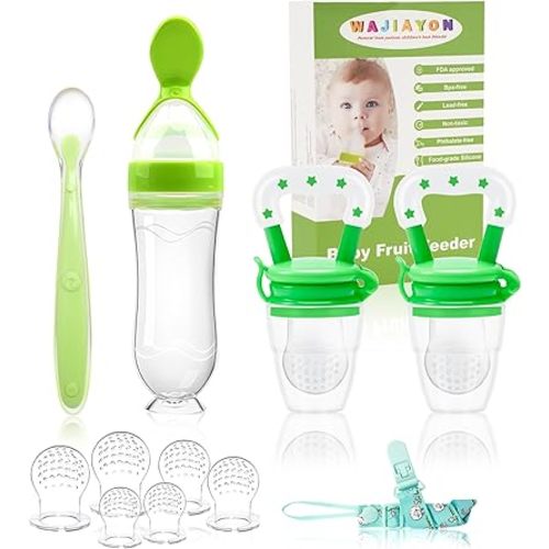 WAJIAYON Baby Fruit Feeder Pacifier - 5 Pack | 2 Baby Fruit Food Feeder Pacifier & 1 Baby Food Dispensing Spoon | Fresh Fruit Teethers for Babies | Silicone Feeder Baby,Mesh Baby Feeder (Green)