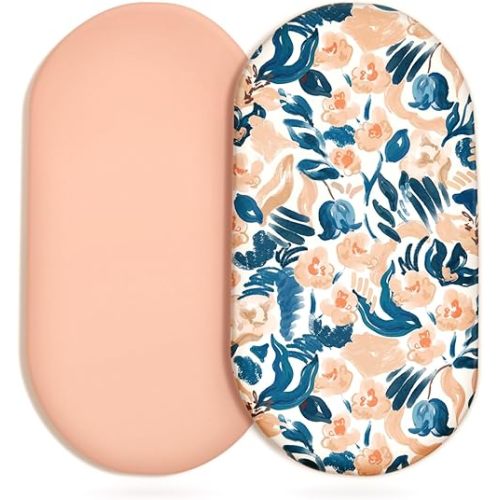 GRSSDER Stretchy Ultra Soft Fitted Bassinet Sheet Set 2 Pack, Universal Fit for Bassinets Baby Cradle Moses Basket Oval Rectangle Mattress Safe and Snug, Blush Flora Print