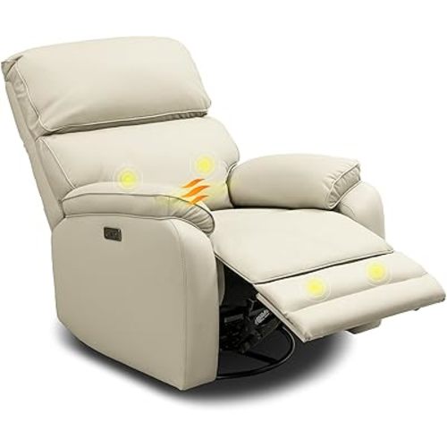 FLEXISPOT Genuine Leather Swivel Rocker Recliner Chair with Massage and Heat, Power Rocker Recliner with Manual Headrest, USB Charging, Elegant Sofa for Living Room & Nursery, Cream (XR4L)