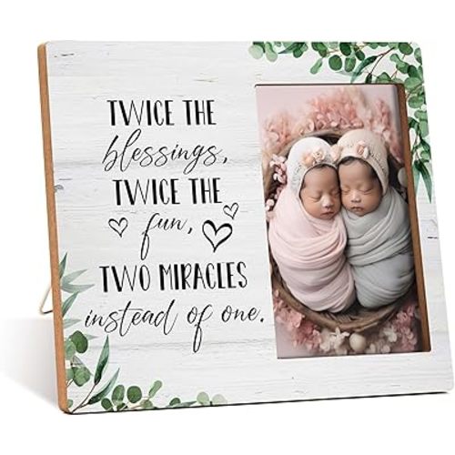 Twins Photo Frame - Twice The Blessings Twice The Fun Pregnancy Announcement Picture Frame - Baby Twin Gifts - Twin Boys Girls Gifts For Babies, Twins Gifts For Mom -B04