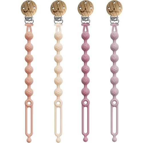 Silicone Pacifier Clips Holder with One Piece Design, Soft Flexible Paci Binky Clips with Texture for Baby Boy and Girl (Cream,Blush,Powder Rose,Rose Pink)
