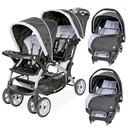 Baby Trend Infant and Toddler Double Stroller & 2 Car Seat Combo, 3 Pc Set, Stormy - Portable and Lightweight Stroller Duo and Car Seat Travel System Tandem