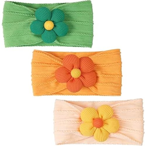 CÉLLOT Baby Flower Headbands Baby Girls Nylon Headbands Baby Essentials Stretchy Hairbands Handmade Hair Accessories for Newborn Infant Toddlers Kids (Salmon+Yellow+Green)
