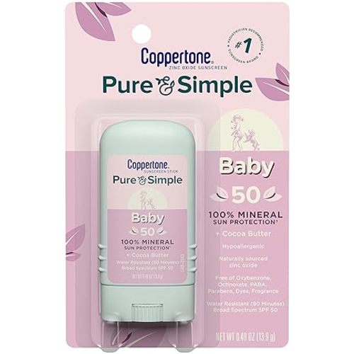 Coppertone Pure and Simple Baby Sunscreen Stick SPF 50, Zinc Oxide Mineral Sunscreen for Baby, Body and Face, 0.49 Oz Stick