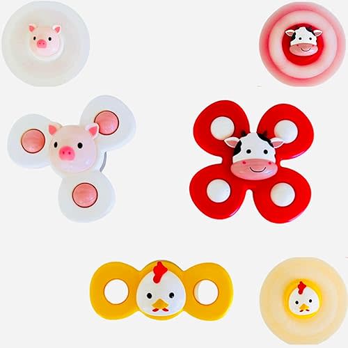 Farm Animal 3 PCS Suction Cup Spinner Toys - Cow, Pig, Chicken - Baby 6 12 18 Months, Toddler 1 2 Years Old, Kids Ages 1-3 - Boys, Girls - Travel Toys, Sensory Toys, Spinning, Fidget